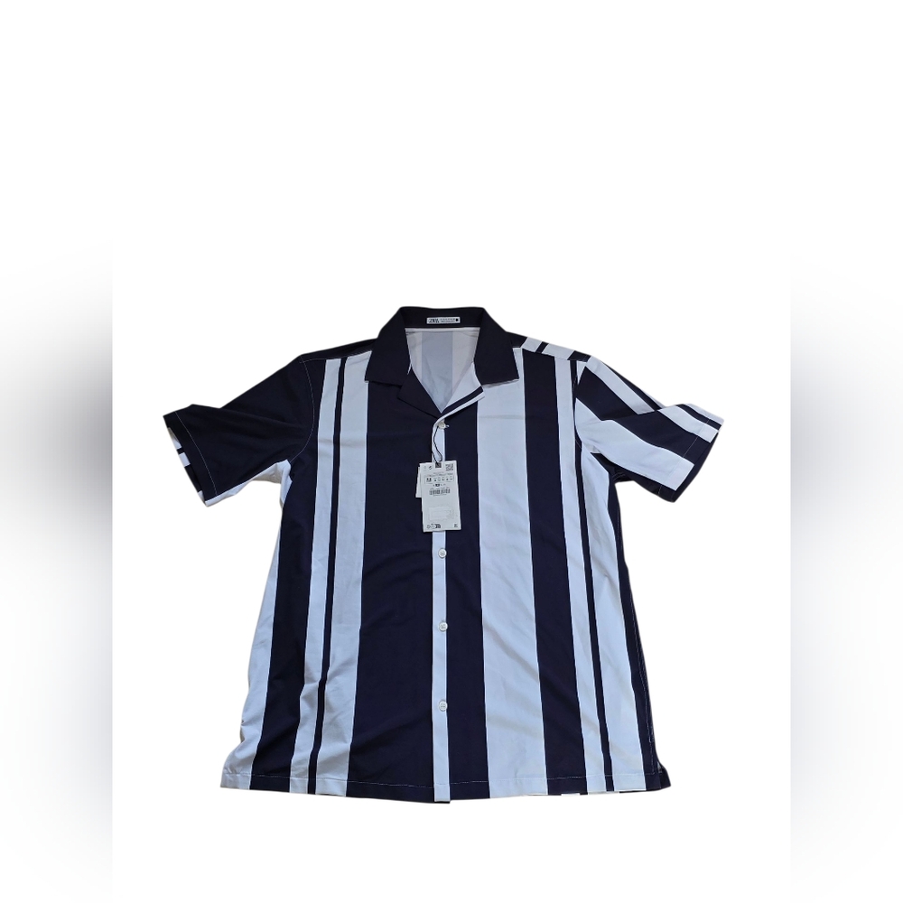 Zara Navy Blue & White Striped Wrinkle Free Comfort Stretch Buttonup Shirt Sz M
